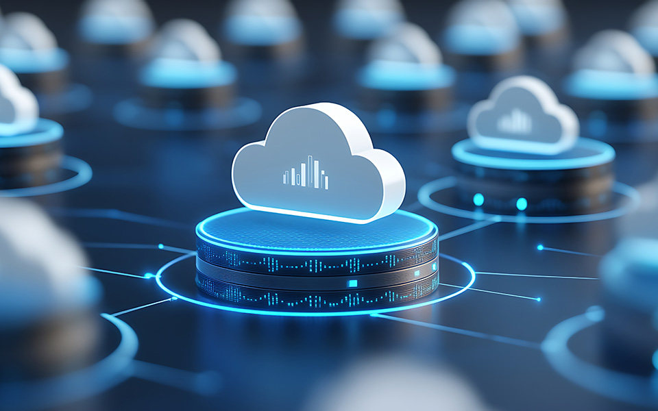 A visually striking representation of cloud computing technology featuring data visualization elements, illustrating the interconnected network of digital services and data flow.