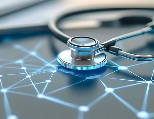 A medical stethoscope is displayed over an interconnected grid symbolizing healthcare interoperability.