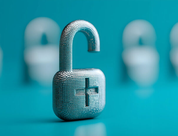 A digital padlock is shown unlocked against a blue background, symbolizing healthcare governance, security and compliance.