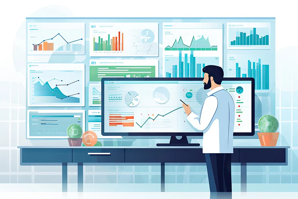 Drawing of a male doctor in front of a large computer monitor displaying graphs and charts.
