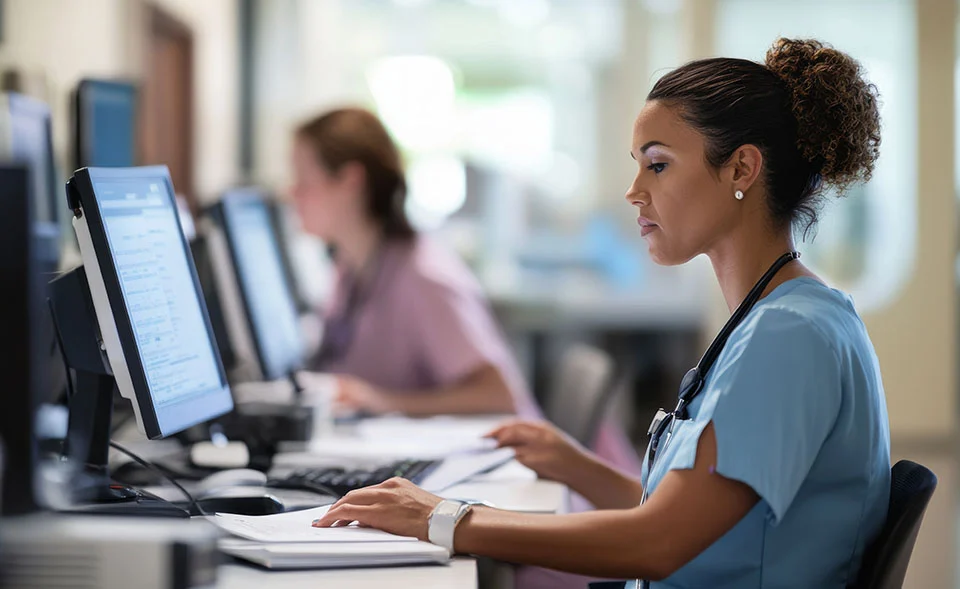 Healthcare case manager working at computer