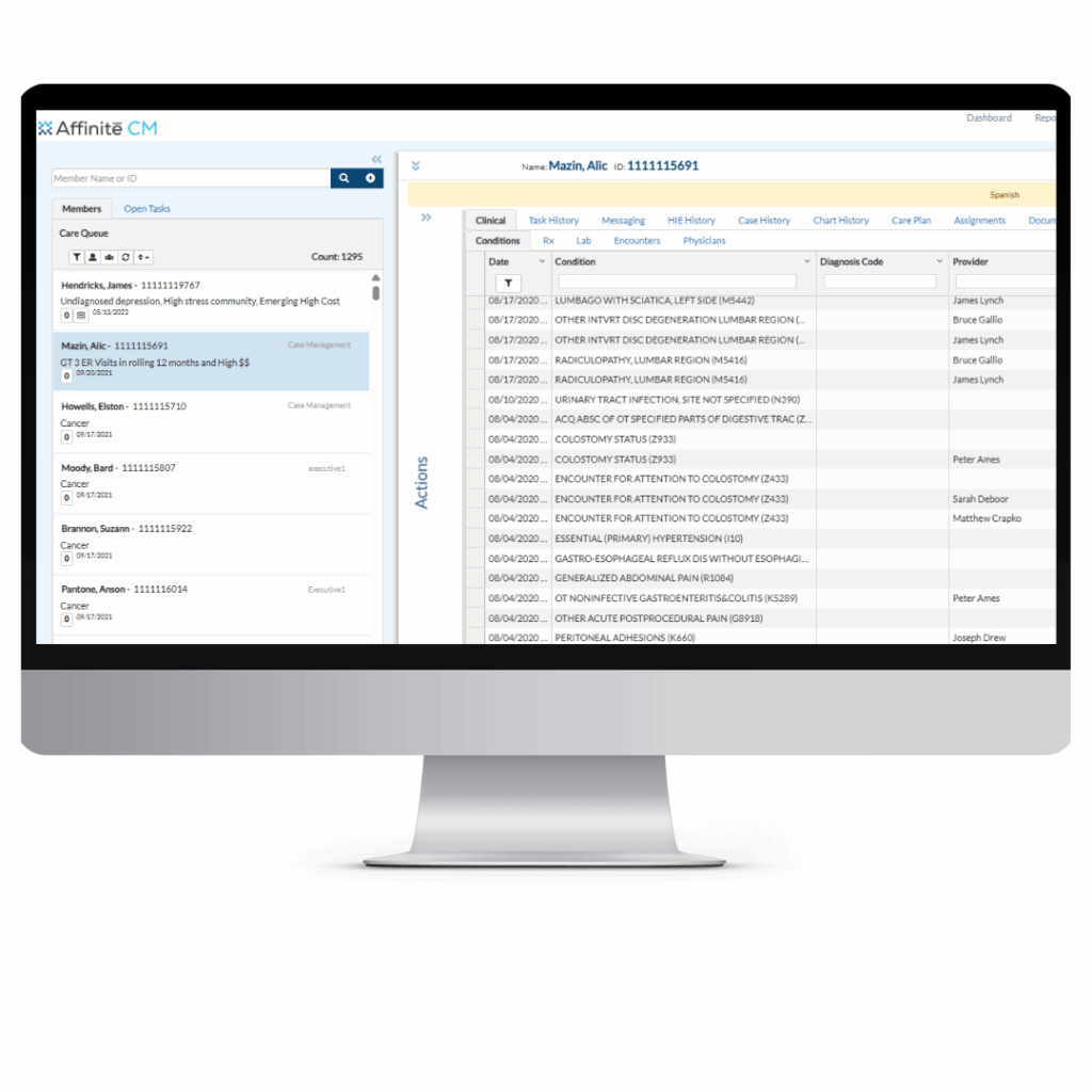 Computer monitor displaying Affinite Care Management dashboard.
