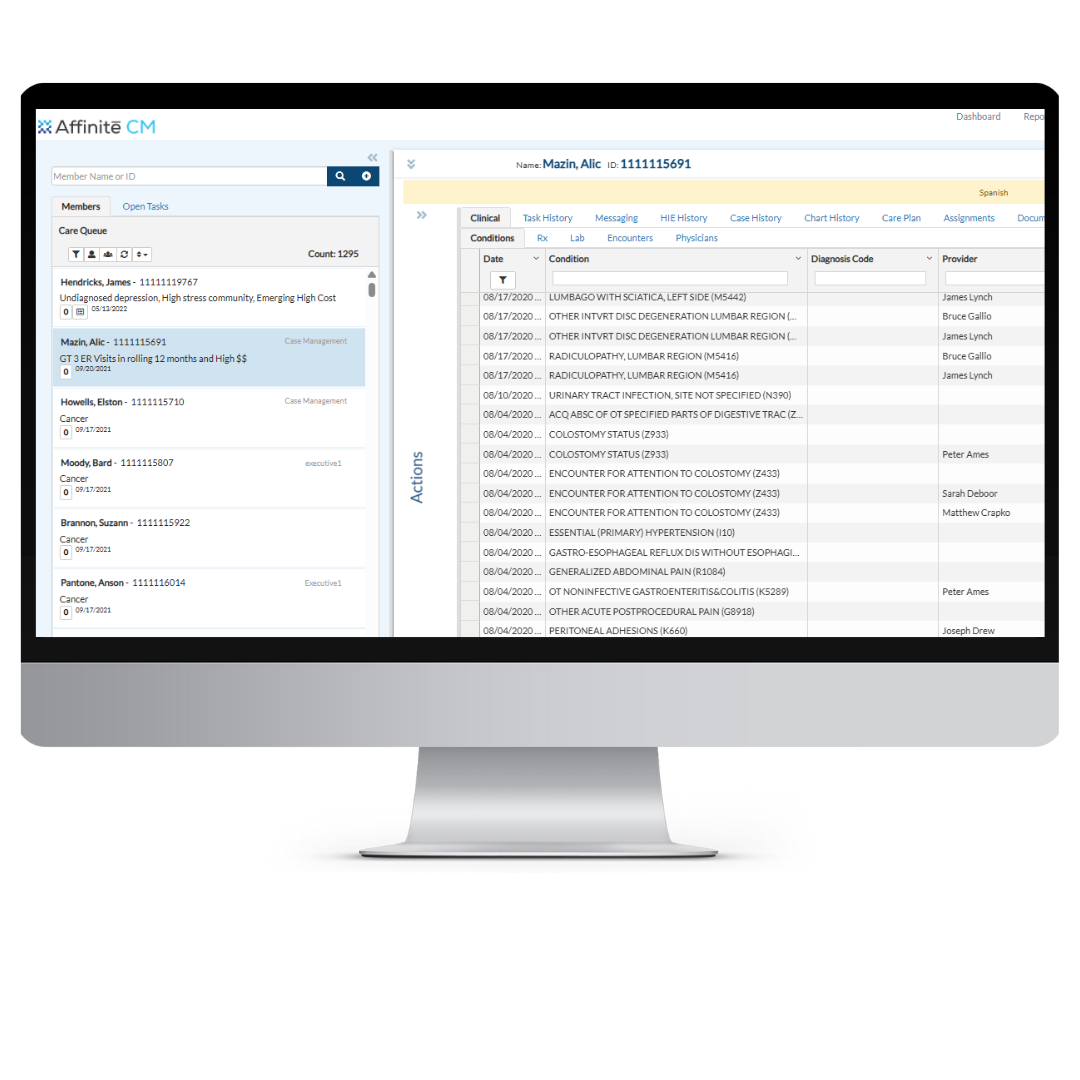 Computer monitor displaying Affinite Care Management dashboard screen