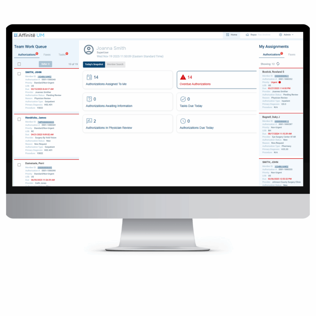 Computer monitor displaying dashboard screen for Affinite Utilization Management (UM)