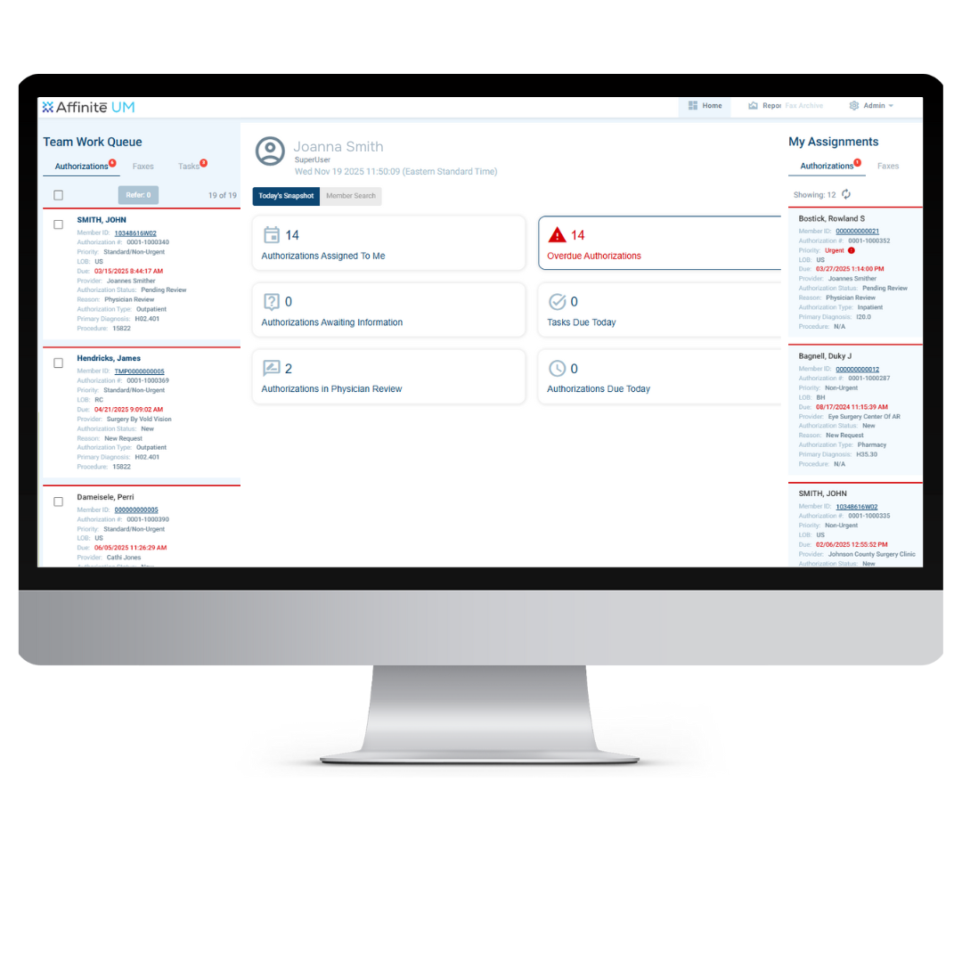 Computer monitor displaying dashboard screen for Affinite Utilization Management (UM)