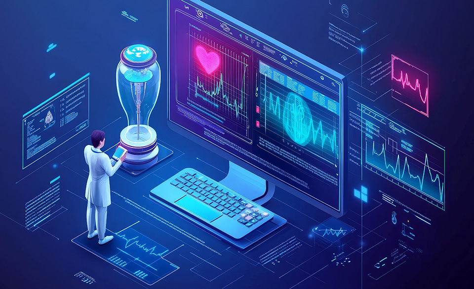 Capture the future of AI-driven healthcare with intelligent diagnostic systems, predictive analytics improving patient care, and advanced technology enhancing medical research and treatment options