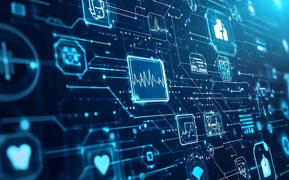 Blog cover image of interconnected data points to highlight health data management.