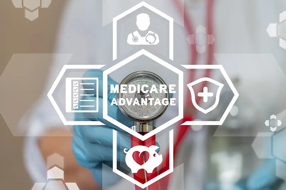 Diagram of the Medicare Advantage ecosystem with Medicare Advantage as the hub and healthcare icons representing spokes