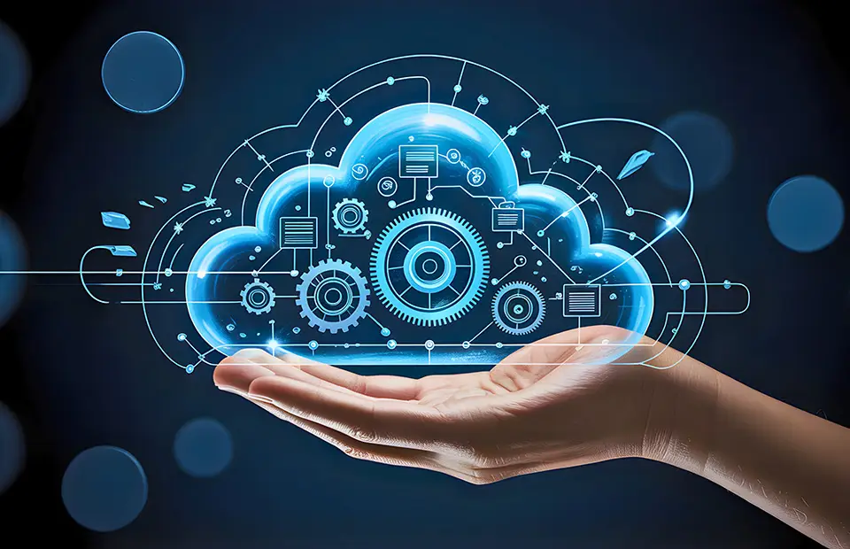 Visiual of cloud with gear in human hand, depicting cloud-native architecture.